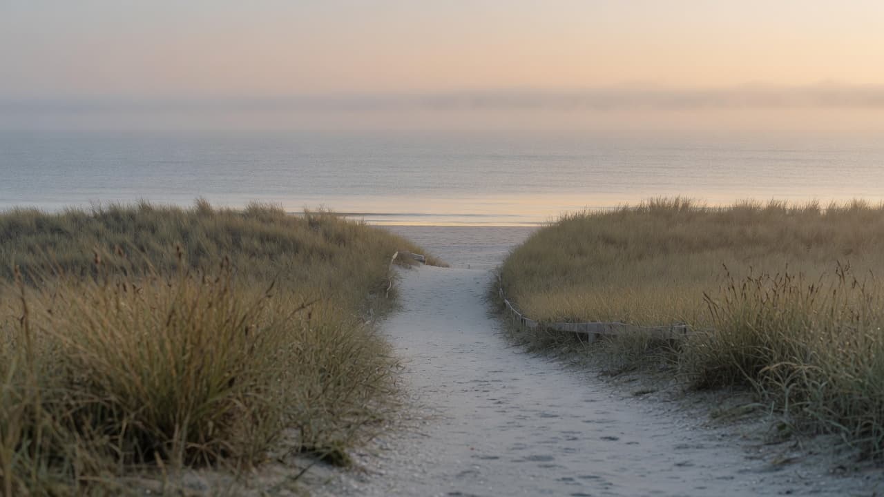Coastal path through dunes toward the ocean at dawn